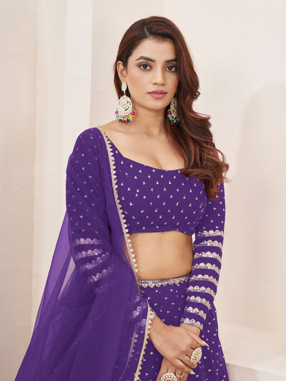 Odette Violet Georgette Embellished Semi Stitched Lehenga With Unstitched Blouse For Women