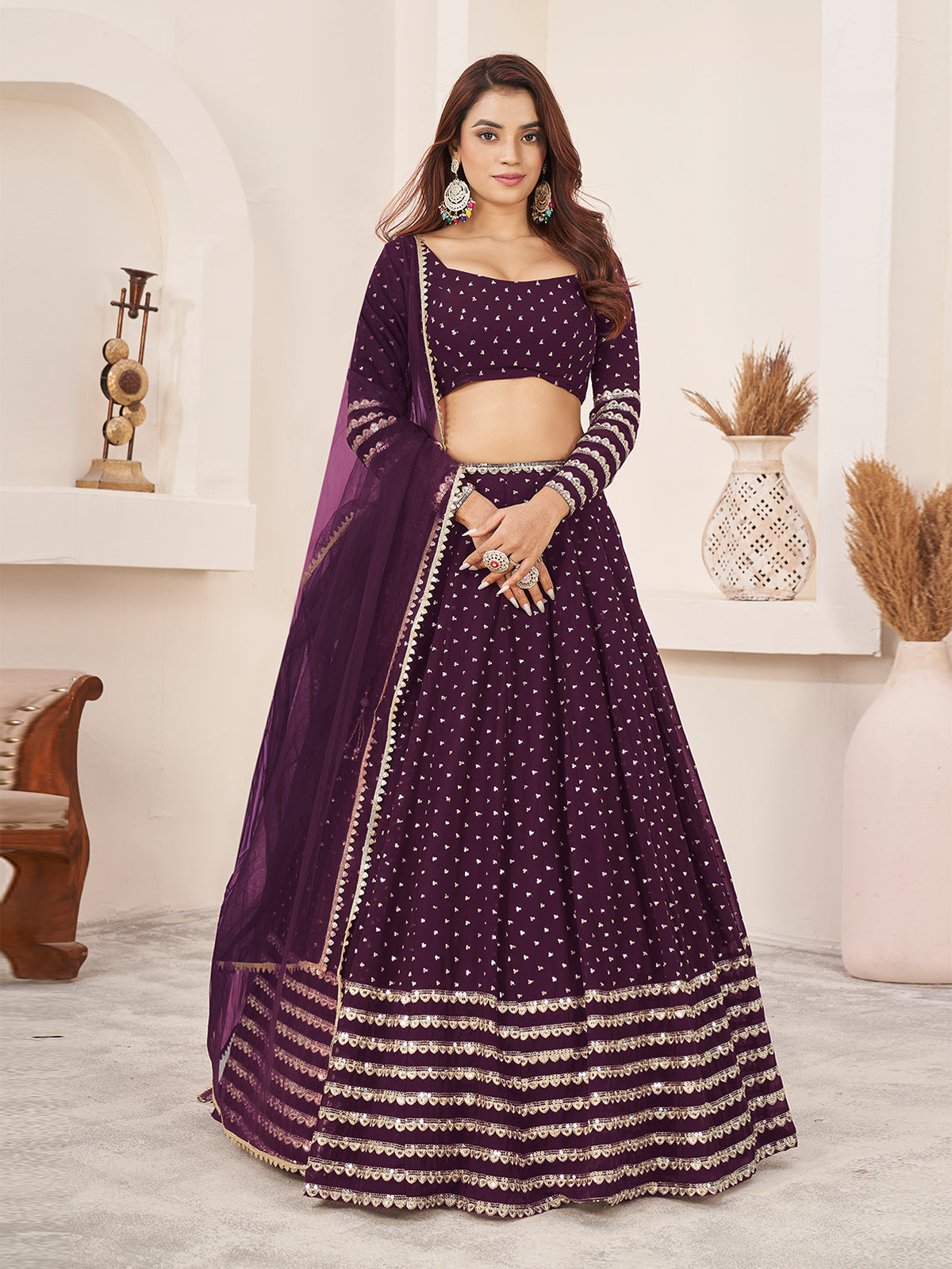 Odette Wine Georgette Embellished Semi Stitched Lehenga With Unstitched Blouse For Women