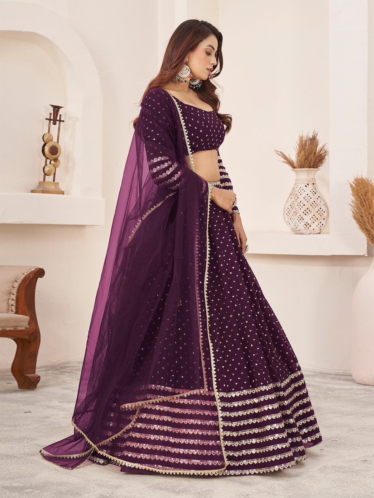 Odette Wine Georgette Embellished Semi Stitched Lehenga With Unstitched Blouse For Women