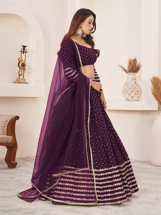Odette Wine Georgette Embellished Semi Stitched Lehenga With Unstitched Blouse For Women