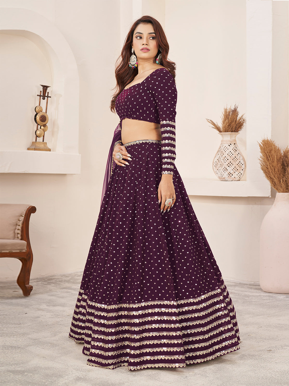 Odette Wine Georgette Embellished Semi Stitched Lehenga With Unstitched Blouse For Women