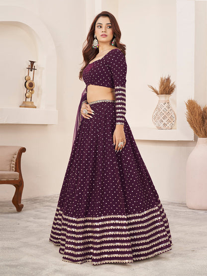 Odette Wine Georgette Embellished Semi Stitched Lehenga With Unstitched Blouse For Women