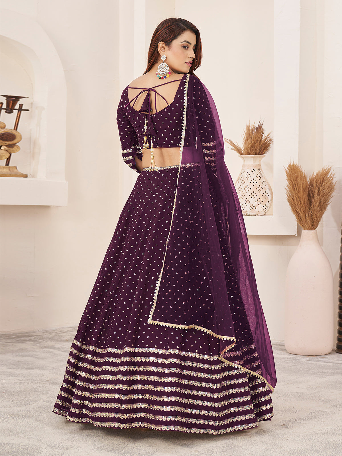 Odette Wine Georgette Embellished Semi Stitched Lehenga With Unstitched Blouse For Women