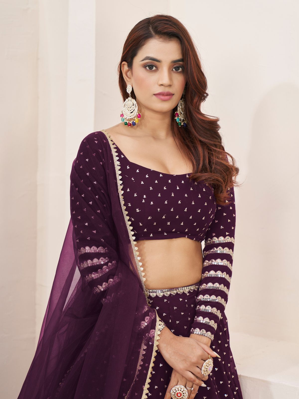 Odette Wine Georgette Embellished Semi Stitched Lehenga With Unstitched Blouse For Women