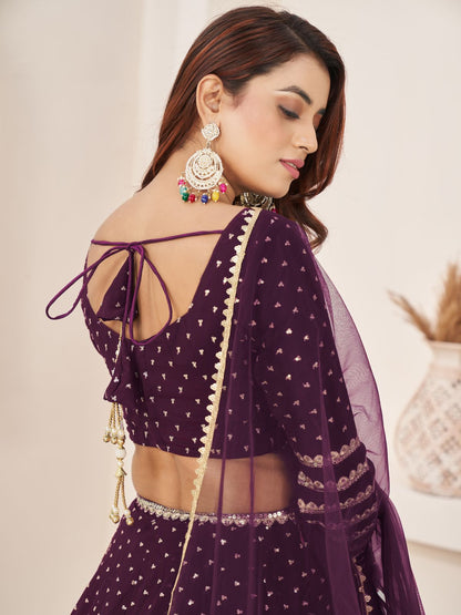 Odette Wine Georgette Embellished Semi Stitched Lehenga With Unstitched Blouse For Women