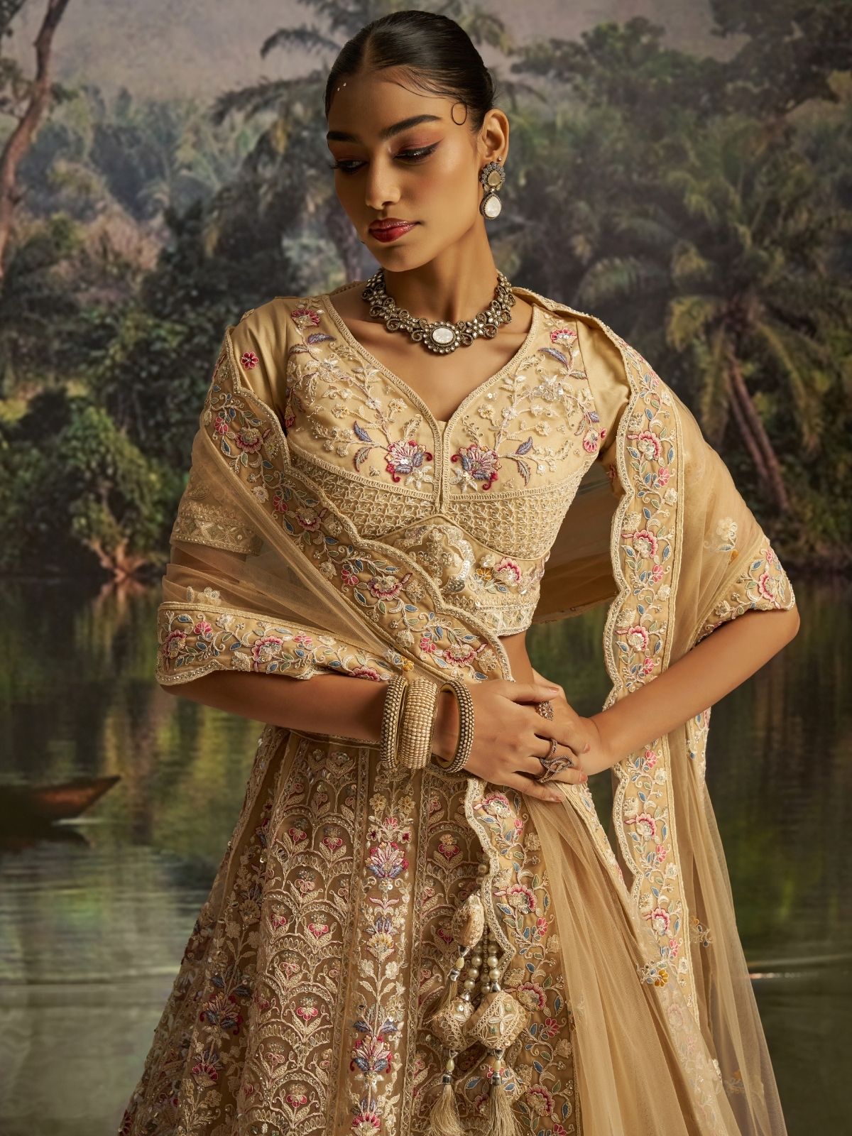 Odette Cream Net Embroidered Semi-Stitched Lehenga For Women