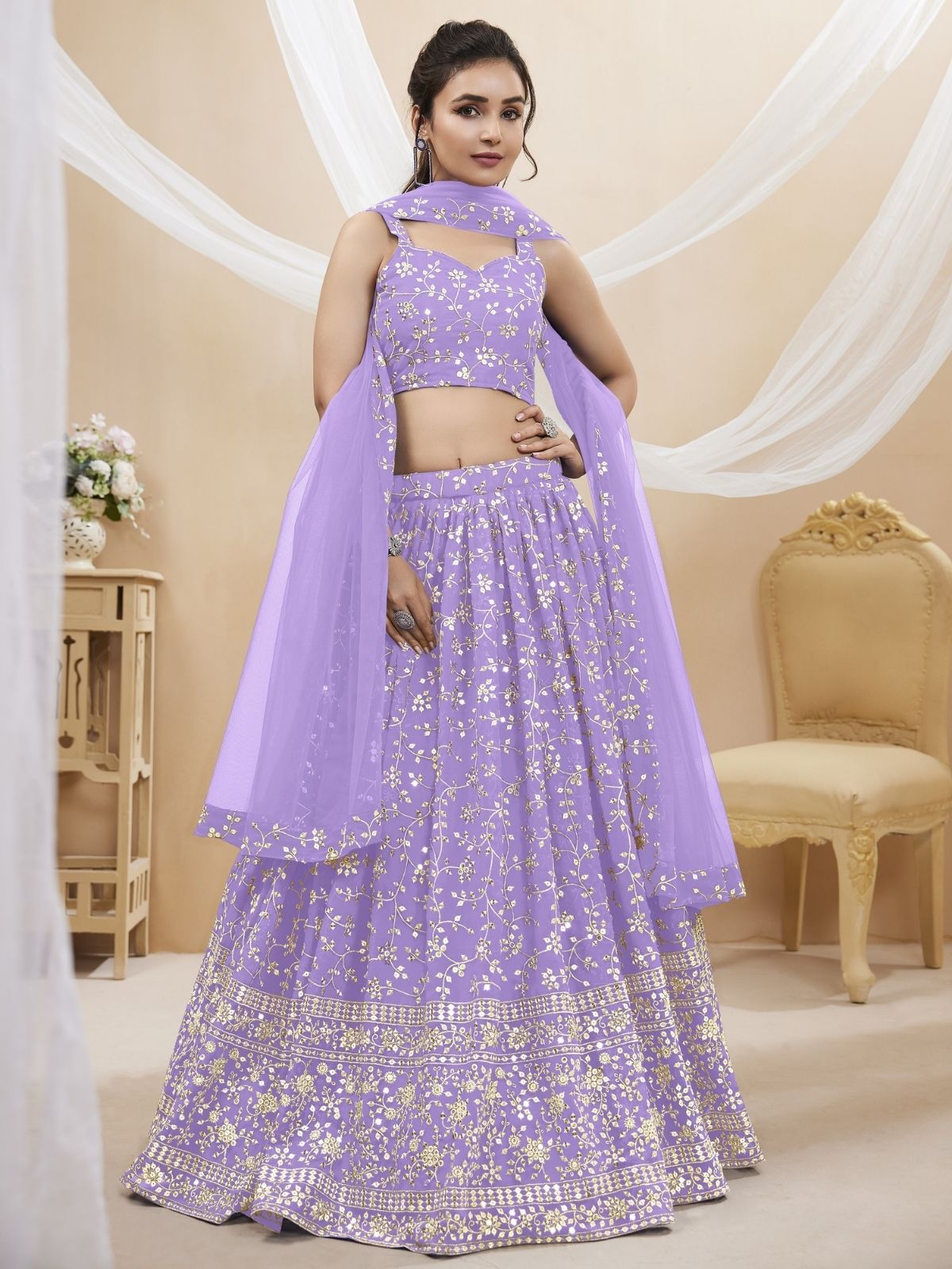 Odette Lavender Georgette Embroidered Semi-Stitched Lehenga For Women