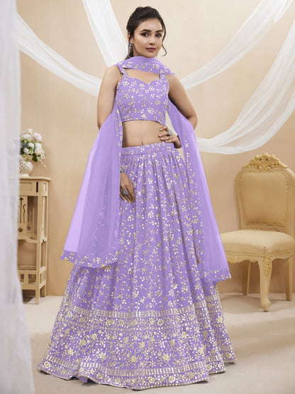 Odette Lavender Georgette Embroidered Semi-Stitched Lehenga For Women