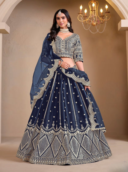 Odette Navy Blue Art Silk Embroidered Semi-Stitched lehenga For Women