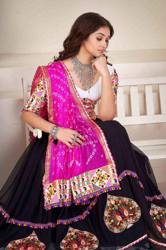 Black Georgette Thread Embroidered Patch Work Chaniya Choli