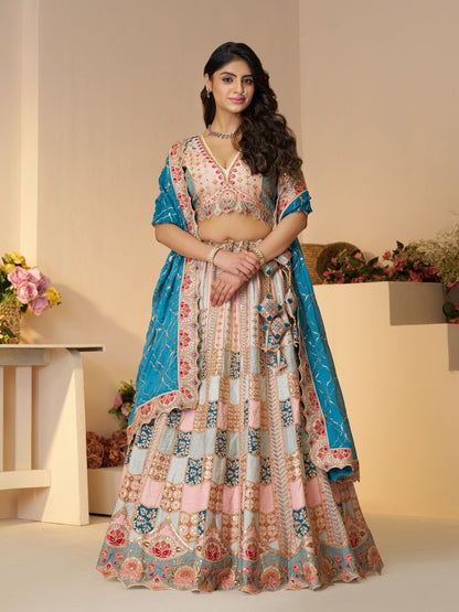 Odette Multicolor Silk Blend Embroidered Semi-Stitched Lehenga For Women
