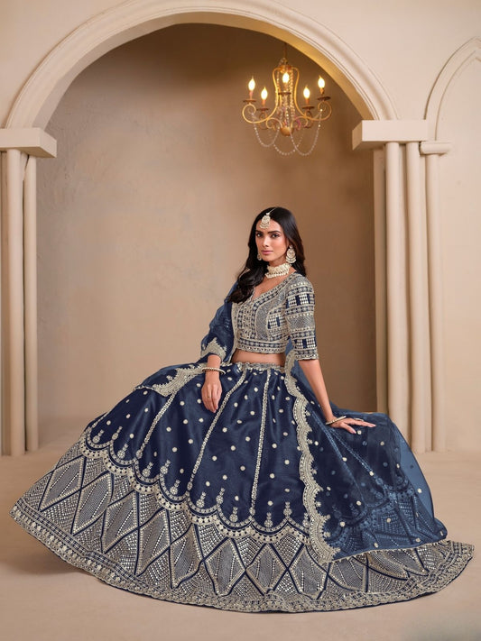 Odette Navy Blue Art Silk Embroidered Semi-Stitched lehenga For Women