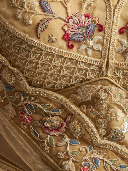 Odette Cream Net Embroidered Semi-Stitched Lehenga For Women