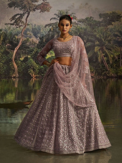 Odette Dusty Mauve Net Embellished Semi-Stitched Lehenga For Women