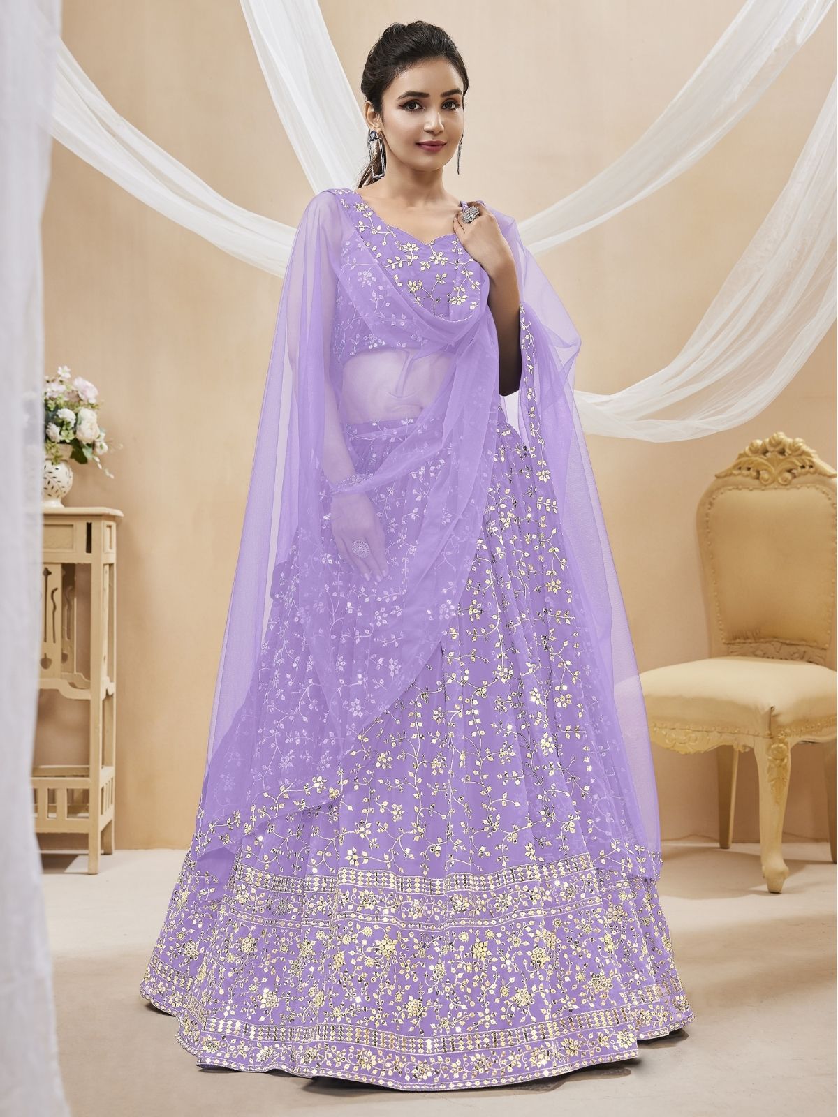 Odette Lavender Georgette Embroidered Semi-Stitched Lehenga For Women