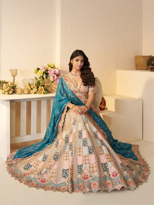Odette Multicolor Silk Blend Embroidered Semi-Stitched Lehenga For Women