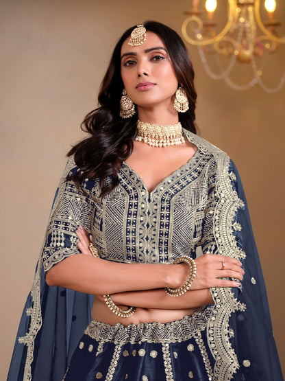 Odette Navy Blue Art Silk Embroidered Semi-Stitched lehenga For Women