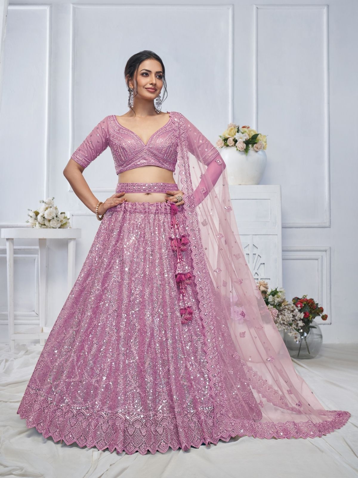 Odette Pink Soft Net Embellished Semi-Stitched Lehenga With Unstitched Blouse For Women