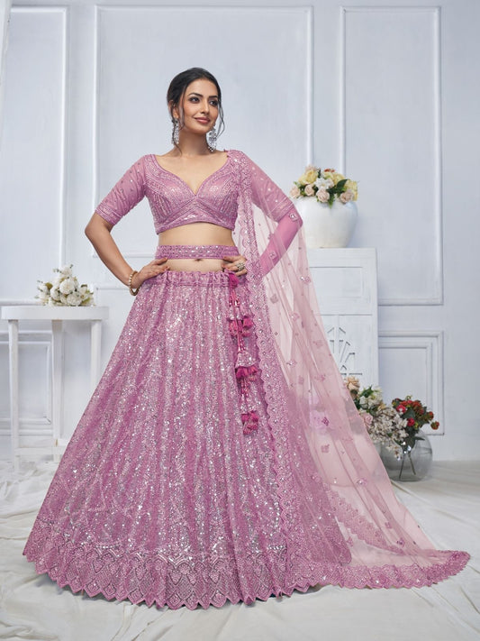 Odette Pink Soft Net Embellished Semi-Stitched Lehenga With Unstitched Blouse For Women