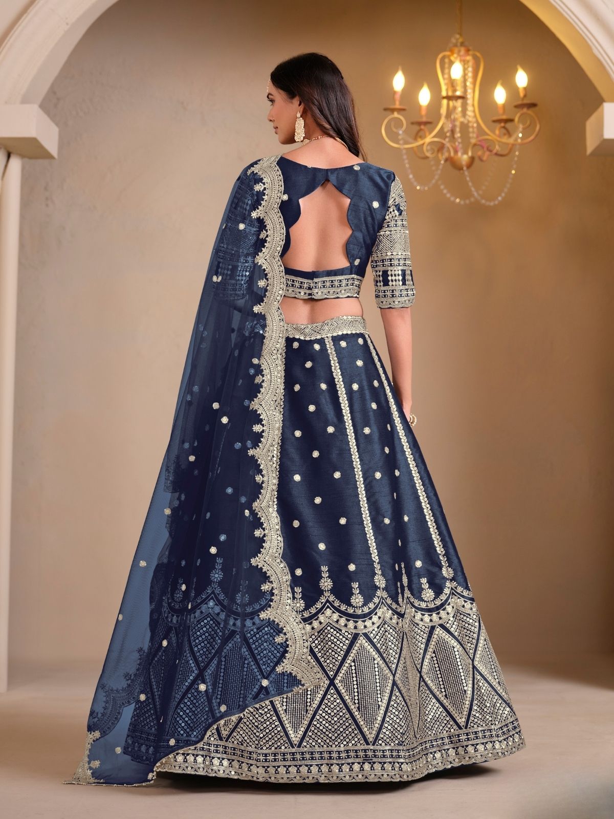 Odette Navy Blue Art Silk Embroidered Semi-Stitched lehenga For Women