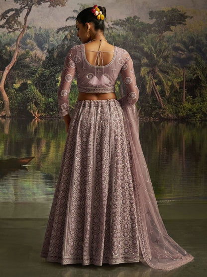 Odette Dusty Mauve Net Embellished Semi-Stitched Lehenga For Women