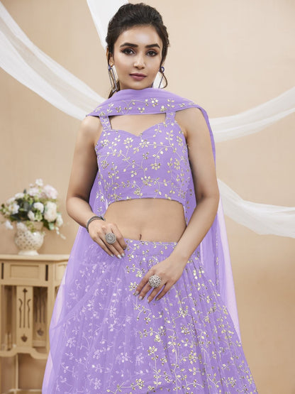 Odette Lavender Georgette Embroidered Semi-Stitched Lehenga For Women
