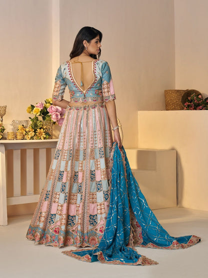 Odette Multicolor Silk Blend Embroidered Semi-Stitched Lehenga For Women