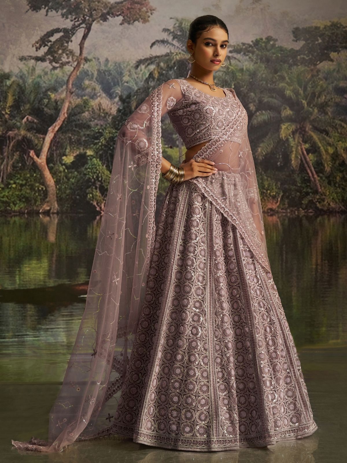 Odette Dusty Mauve Net Embellished Semi-Stitched Lehenga For Women