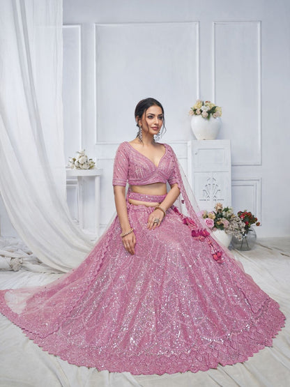 Odette Pink Soft Net Embellished Semi-Stitched Lehenga With Unstitched Blouse For Women