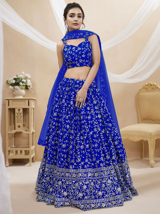 Odette Blue Georgette Embroidered Semi-Stitched Lehenga For Women