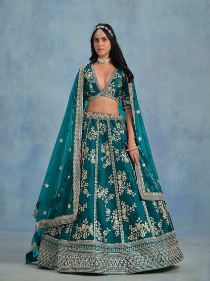 Odette Teal Art Silk Embroidered Semi-Stitched lehenga For Women