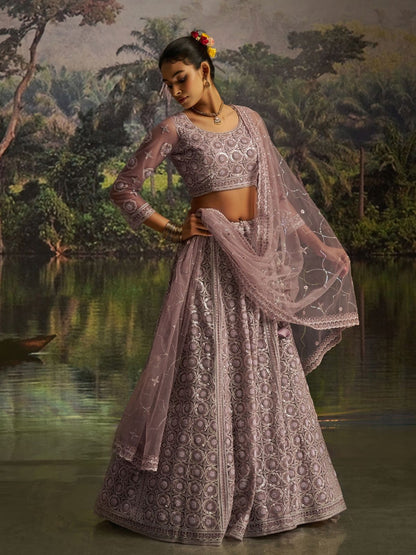 Odette Dusty Mauve Net Embellished Semi-Stitched Lehenga For Women
