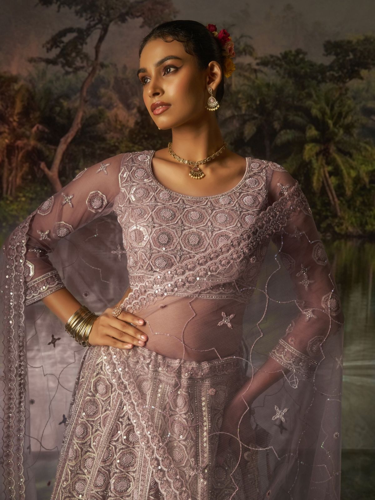 Odette Dusty Mauve Net Embellished Semi-Stitched Lehenga For Women