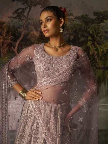 Odette Dusty Mauve Net Embellished Semi-Stitched Lehenga For Women