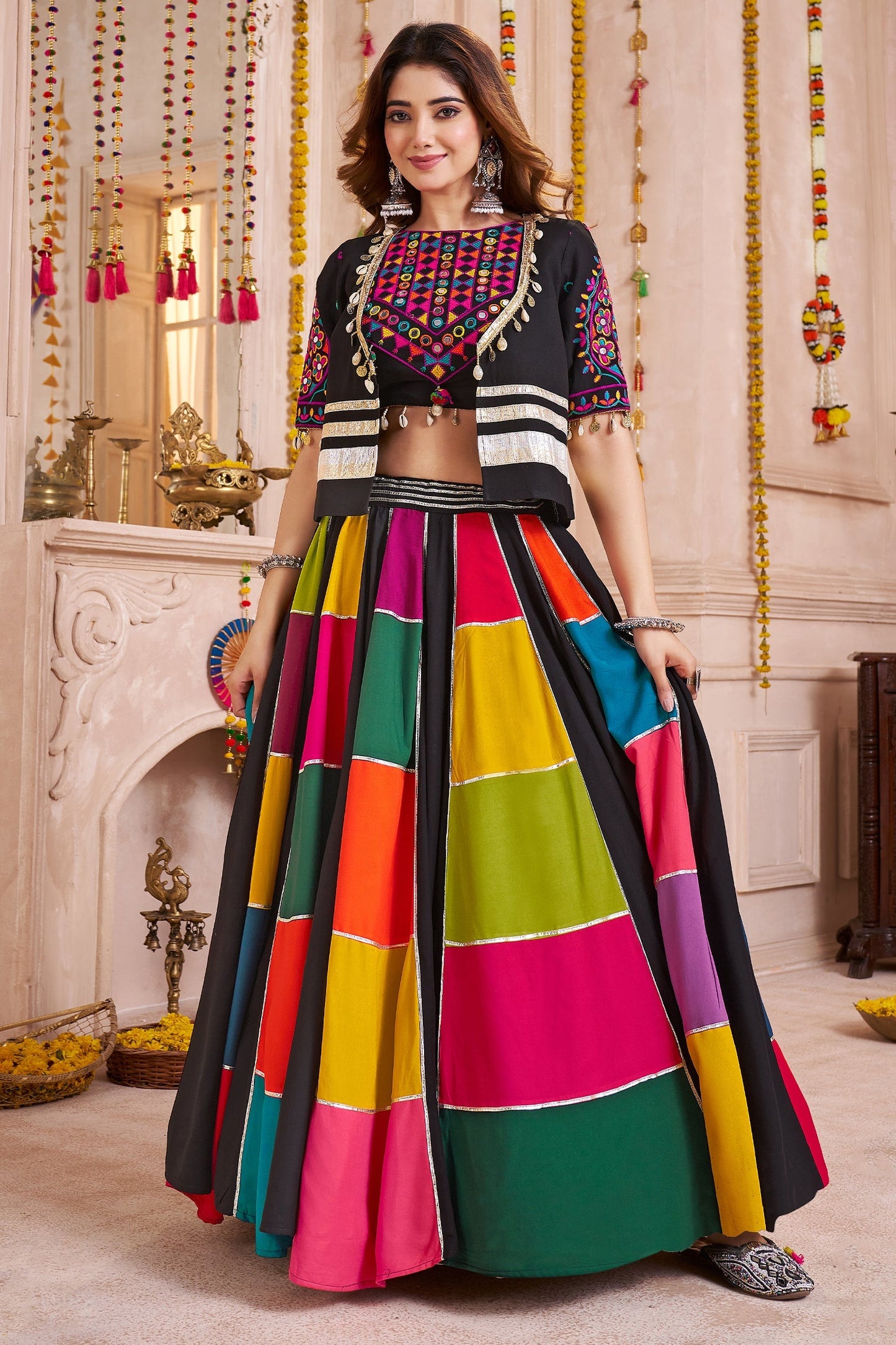 Multii Colored Viscose Patch Worked Chaniya Choli with Jacket