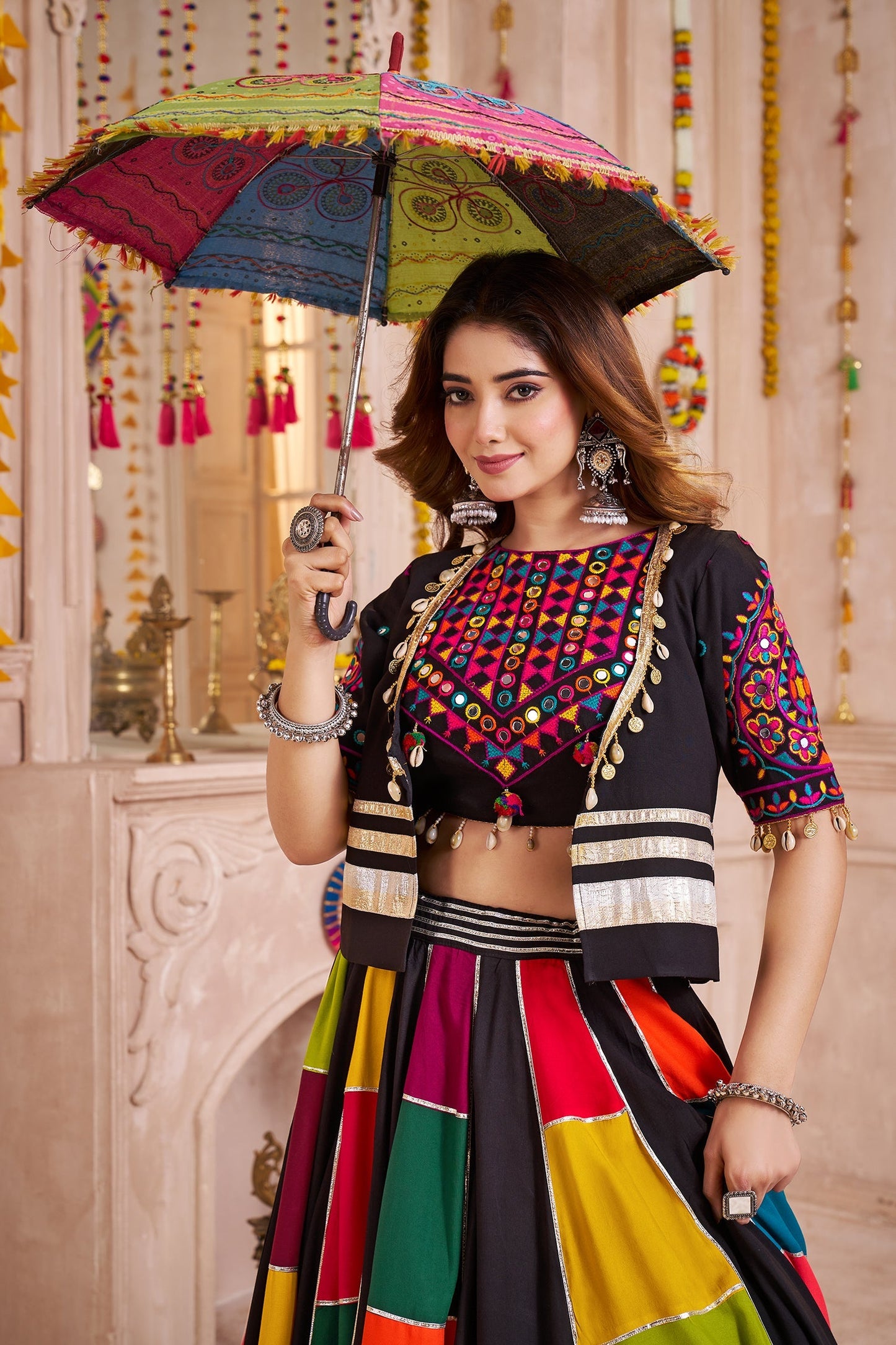 Multii Colored Viscose Patch Worked Chaniya Choli with Jacket