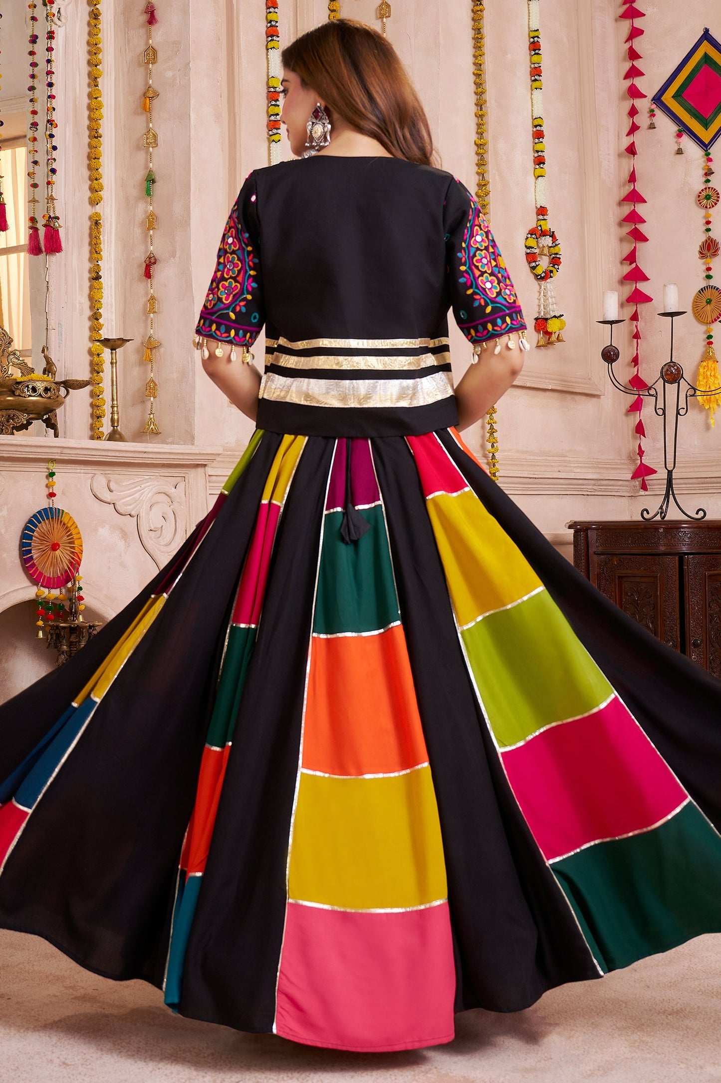 Multii Colored Viscose Patch Worked Chaniya Choli with Jacket