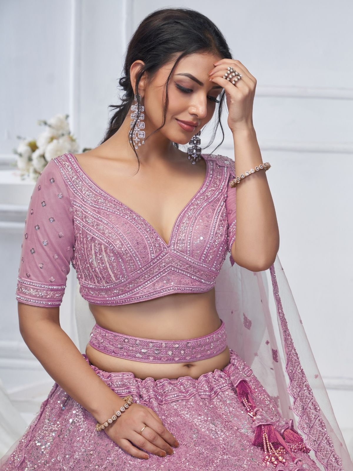 Odette Pink Soft Net Embellished Semi-Stitched Lehenga With Unstitched Blouse For Women