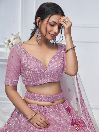 Odette Pink Soft Net Embellished Semi-Stitched Lehenga With Unstitched Blouse For Women