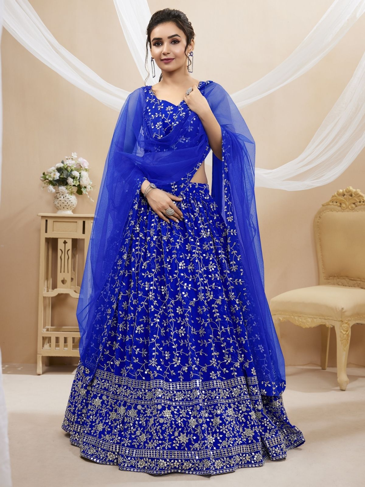 Odette Blue Georgette Embroidered Semi-Stitched Lehenga For Women