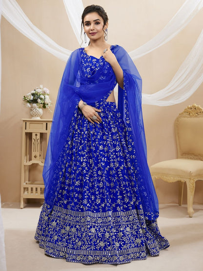 Odette Blue Georgette Embroidered Semi-Stitched Lehenga For Women