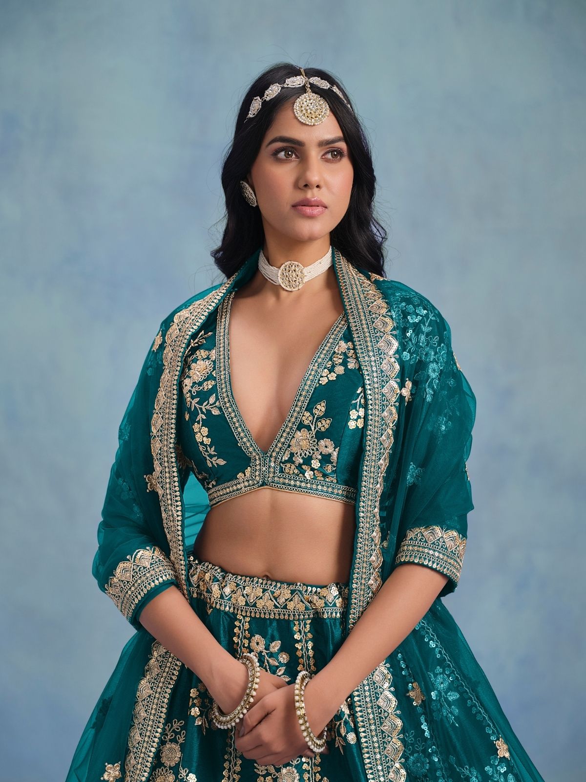Odette Teal Art Silk Embroidered Semi-Stitched lehenga For Women
