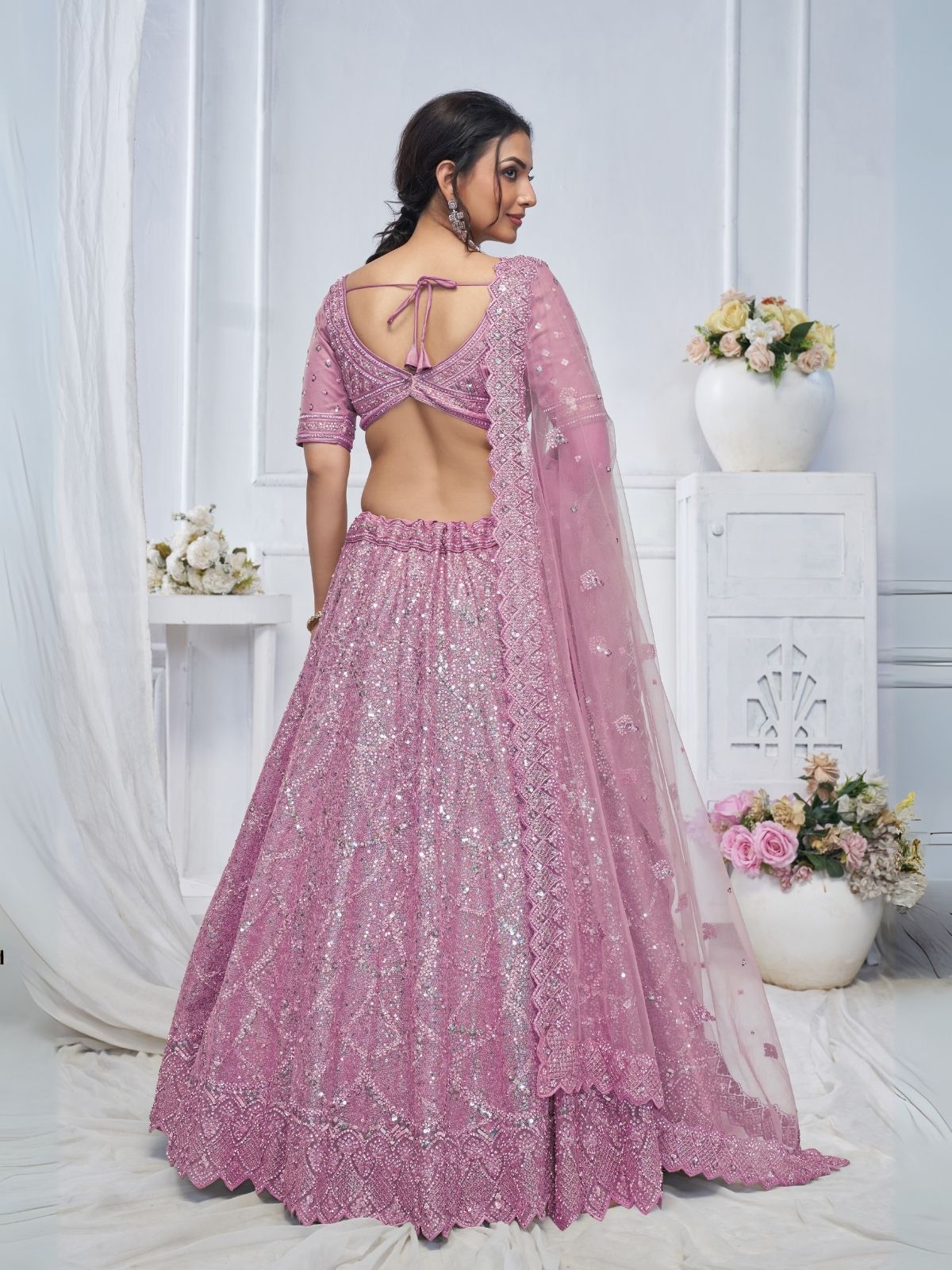 Odette Pink Soft Net Embellished Semi-Stitched Lehenga With Unstitched Blouse For Women