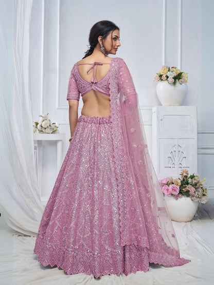 Odette Pink Soft Net Embellished Semi-Stitched Lehenga With Unstitched Blouse For Women