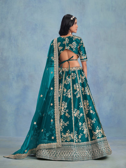 Odette Teal Art Silk Embroidered Semi-Stitched lehenga For Women