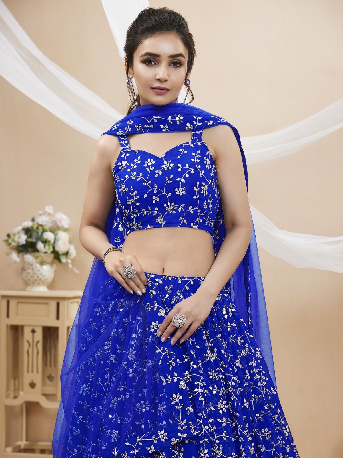 Odette Blue Georgette Embroidered Semi-Stitched Lehenga For Women