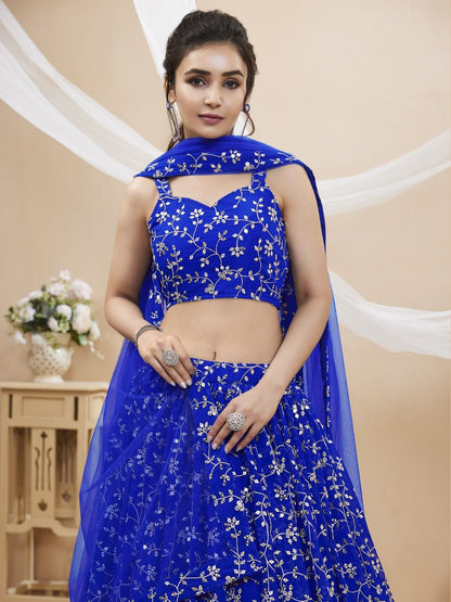 Odette Blue Georgette Embroidered Semi-Stitched Lehenga For Women