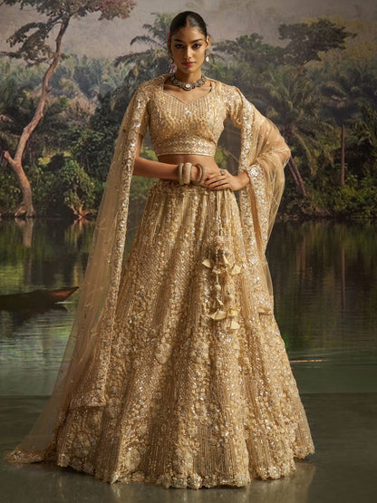 Odette Beige Net Embellished Semi-Stitched Lehenga For Women