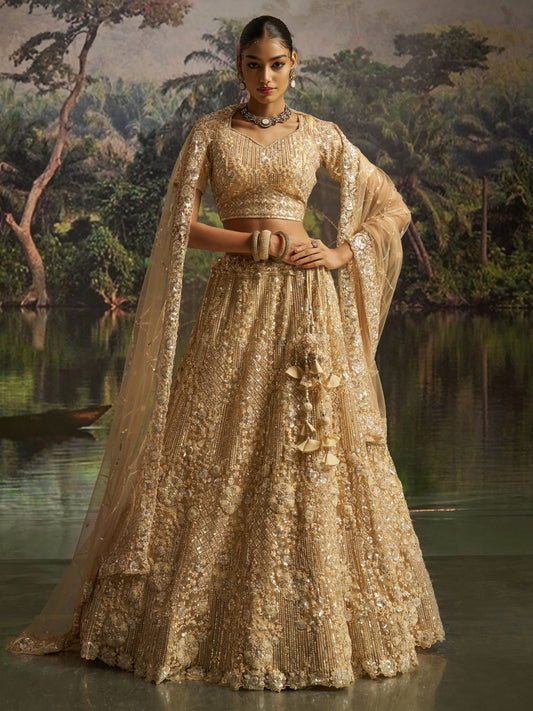 Odette Beige Net Embellished Semi-Stitched Lehenga For Women