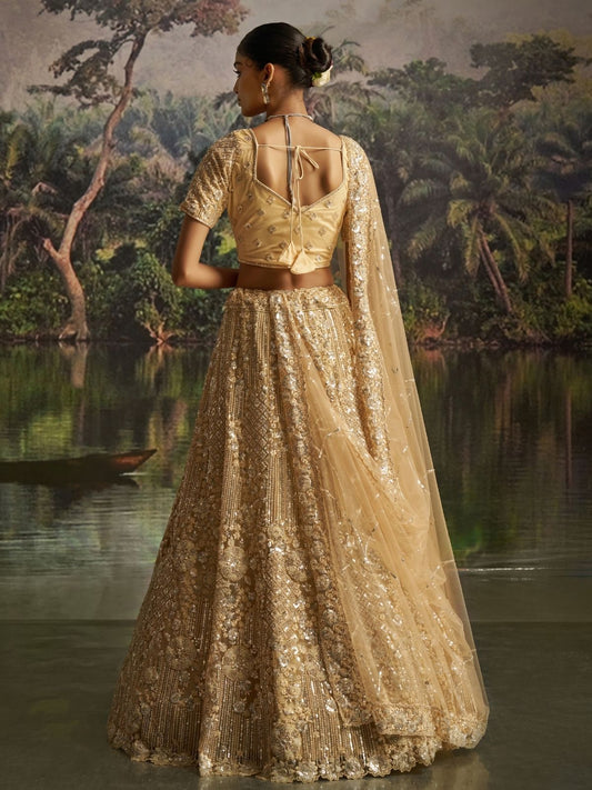 Odette Beige Net Embellished Semi-Stitched Lehenga For Women
